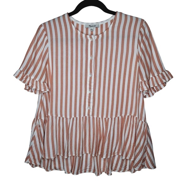 Madewell Tops - Madewell Studio Ruffle Hem Top Cecilia Stripe Medium Peplum Tomato Girl